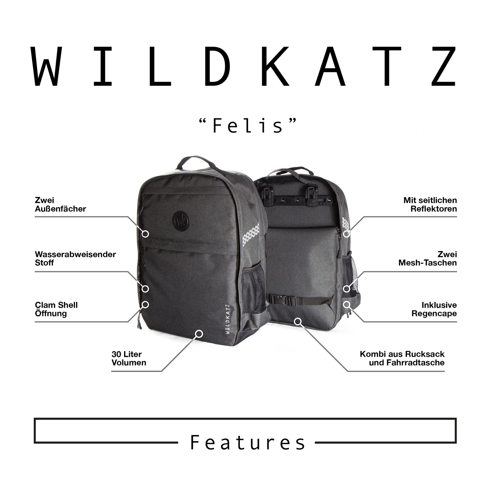 Wildkatz Felis - Fahrradtasche und Rucksack 30 Liter - Wildkatz